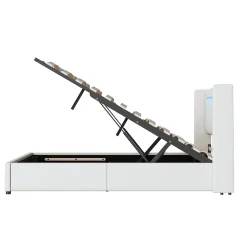 Redom Lit rembourré 160 sur 200 avec éclairage LED lecteur Bluetooth port USB rangement en cuir PU sommier inclus blanc moderne* Lit Avec Rangement