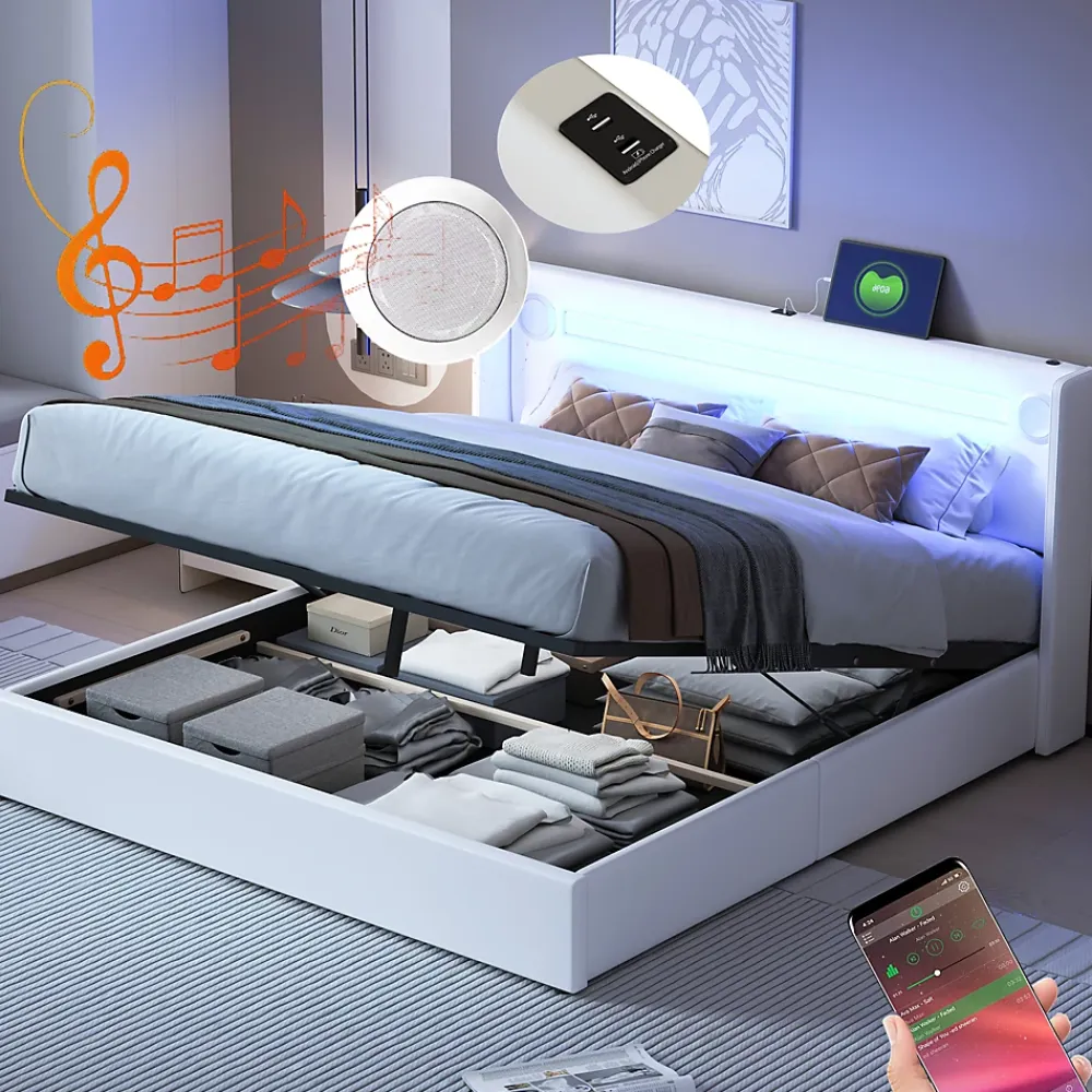 Redom Lit rembourré 160 sur 200 avec éclairage LED lecteur Bluetooth port USB rangement en cuir PU sommier inclus blanc moderne* Lit Avec Rangement