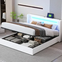 Redom Lit rembourré 160 sur 200 avec éclairage LED lecteur Bluetooth port USB rangement en cuir PU sommier inclus blanc moderne* Lit Avec Rangement