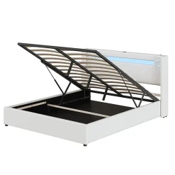 Redom Lit rembourré 160 sur 200 avec éclairage LED lecteur Bluetooth port USB rangement en cuir PU sommier inclus blanc moderne* Lit Avec Rangement