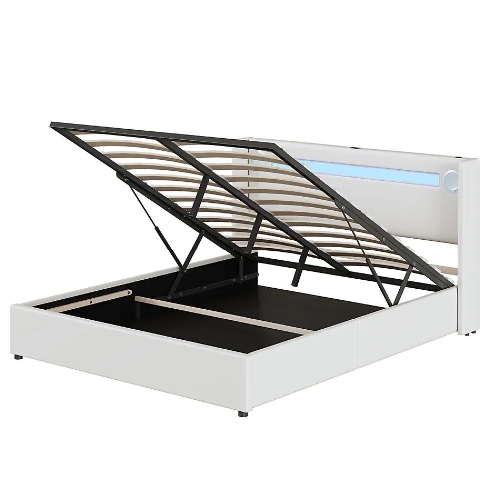 Redom Lit rembourré 160 sur 200 avec éclairage LED lecteur Bluetooth port USB rangement en cuir PU sommier inclus blanc moderne* Lit Avec Rangement