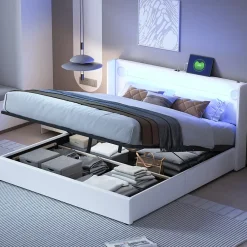 Redom Lit rembourré 160 sur 200 avec éclairage LED lecteur Bluetooth port USB rangement en cuir PU sommier inclus blanc moderne* Lit Avec Rangement