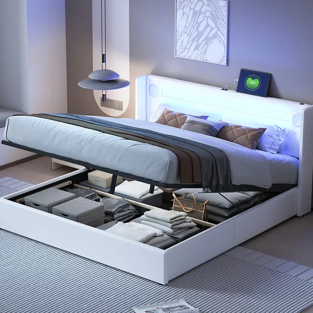 Redom Lit rembourré 160 sur 200 avec éclairage LED lecteur Bluetooth port USB rangement en cuir PU sommier inclus blanc moderne* Lit Avec Rangement