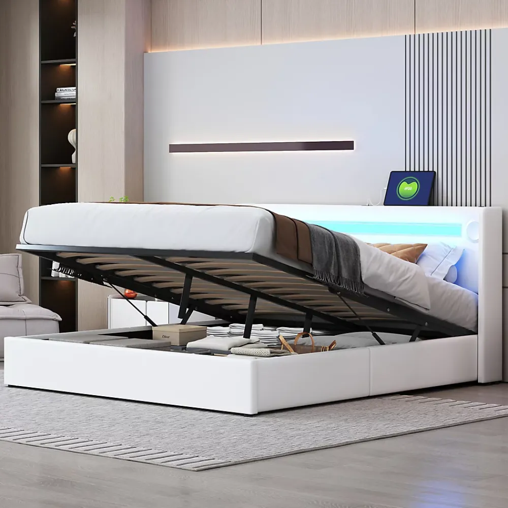 Redom Lit rembourré 160 sur 200 avec éclairage LED lecteur Bluetooth port USB rangement en cuir PU sommier inclus blanc moderne* Lit Avec Rangement