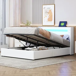 Redom Lit rembourré 140 sur 200 avec éclairage LED lecteur Bluetooth port USB rangement en cuir PU sommier inclus pour chambre* Lit Avec Rangement