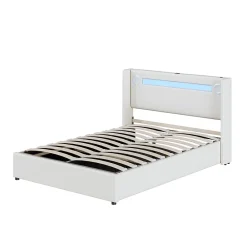 Redom Lit rembourré 140 sur 200 avec éclairage LED lecteur Bluetooth port USB rangement en cuir PU sommier inclus pour chambre* Lit Avec Rangement