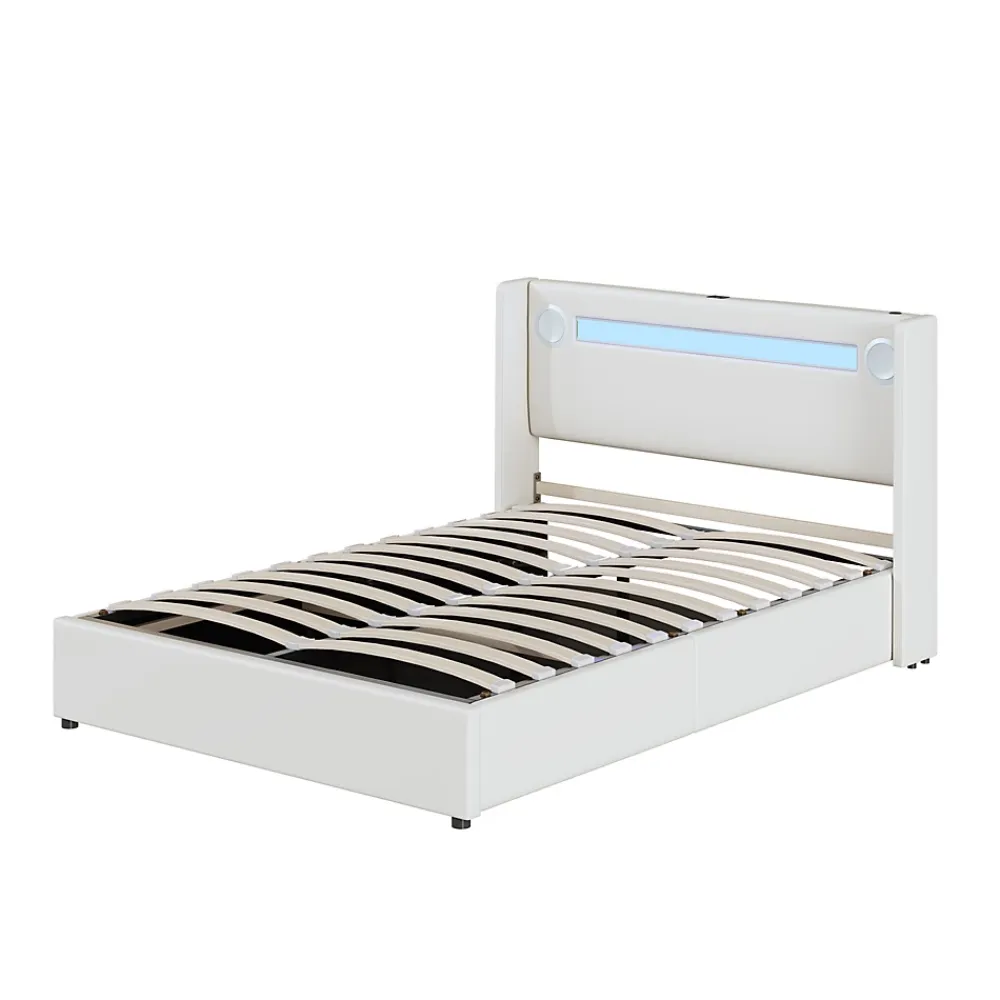 Redom Lit rembourré 140 sur 200 avec éclairage LED lecteur Bluetooth port USB rangement en cuir PU sommier inclus pour chambre* Lit Avec Rangement