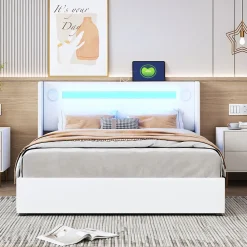 Redom Lit rembourré 140 sur 200 avec éclairage LED lecteur Bluetooth port USB rangement en cuir PU sommier inclus pour chambre* Lit Avec Rangement