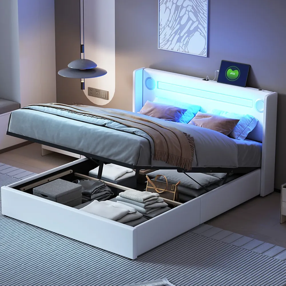 Redom Lit rembourré 140 sur 200 avec éclairage LED lecteur Bluetooth port USB rangement en cuir PU sommier inclus pour chambre* Lit Avec Rangement