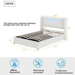 Redom Lit rembourré 140 sur 200 avec éclairage LED lecteur Bluetooth port USB rangement en cuir PU sommier inclus pour chambre* Lit Avec Rangement