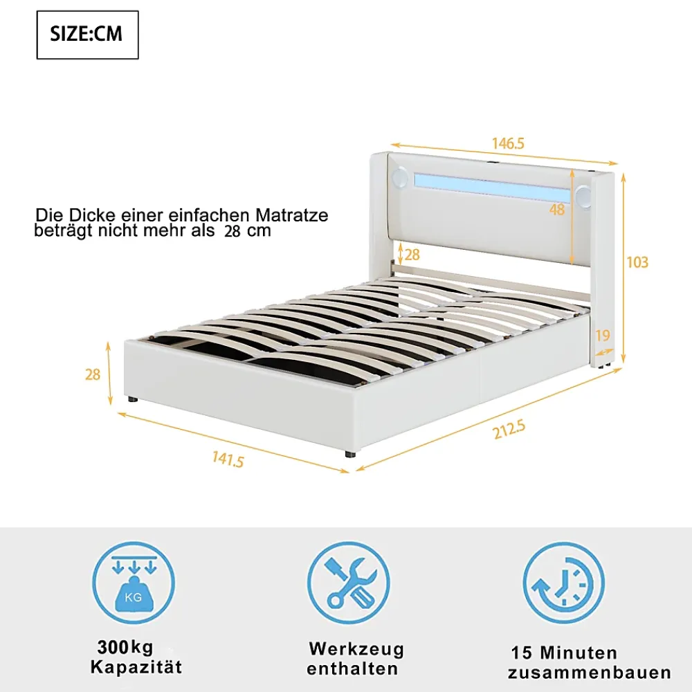Redom Lit rembourré 140 sur 200 avec éclairage LED lecteur Bluetooth port USB rangement en cuir PU sommier inclus pour chambre* Lit Avec Rangement