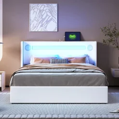Redom Lit rembourré 140 sur 200 avec éclairage LED lecteur Bluetooth port USB rangement en cuir PU sommier inclus pour chambre* Lit Avec Rangement