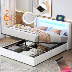 Redom Lit rembourré 140 sur 200 avec éclairage LED lecteur Bluetooth port USB rangement en cuir PU sommier inclus pour chambre* Lit Avec Rangement