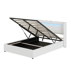 Redom Lit rembourré 140 sur 200 avec éclairage LED lecteur Bluetooth port USB rangement en cuir PU sommier inclus pour chambre* Lit Avec Rangement