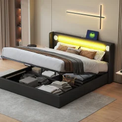 Lit rembourré 160 sur 200 avec éclairage LED lecteur Bluetooth port USB rangement en cuir PU sommier inclus noir élégant>Redom Clearance