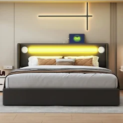 Lit rembourré 160 sur 200 avec éclairage LED lecteur Bluetooth port USB rangement en cuir PU sommier inclus noir élégant>Redom Clearance