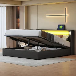 Lit rembourré 160 sur 200 avec éclairage LED lecteur Bluetooth port USB rangement en cuir PU sommier inclus noir élégant><noscript><img width=
