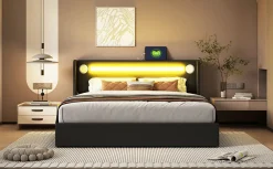 Lit rembourré 160 sur 200 avec éclairage LED lecteur Bluetooth port USB rangement en cuir PU sommier inclus noir élégant><noscript><img width=