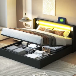 Lit rembourré 160 sur 200 avec éclairage LED lecteur Bluetooth port USB rangement en cuir PU sommier inclus noir élégant><noscript><img width=
