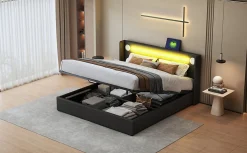 Lit rembourré 160 sur 200 avec éclairage LED lecteur Bluetooth port USB rangement en cuir PU sommier inclus noir élégant><noscript><img width=