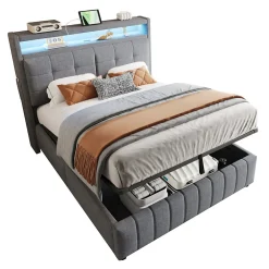 Lit rembourré 140 sur 200 avec LED port USB tête rangement coffre hydraulique avec étagères tissu lin gris>Redom Best