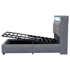 Lit rembourré 140 sur 200 avec LED port USB tête rangement coffre hydraulique avec étagères tissu lin gris><noscript><img width=