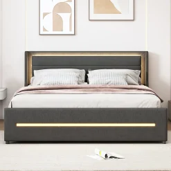 Redom Lit rembourré 160 sur 200 cm avec éclairage LED multicolore et quatre étagères en tissu gris sans matelas* Lit Avec Rangement