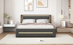 Redom Lit rembourré 160 sur 200 cm avec éclairage LED multicolore et quatre étagères en tissu gris sans matelas* Lit Avec Rangement