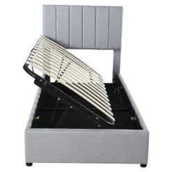 Lit rembourré 90 sur 200 cm coffre à rangement hydraulique tête de lit réglable tissu lin gris adultes ou adolescents><noscript><img width=