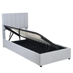 Lit rembourré 90 sur 200 cm coffre à rangement hydraulique tête de lit réglable tissu lin gris adultes ou adolescents><noscript><img width=