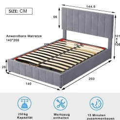 Redom Lit rembourré 140 sur 200 cm coffre hydraulique tête de lit réglable sommier métal velours gris pour adultes ou invités* Lit Avec Rangement