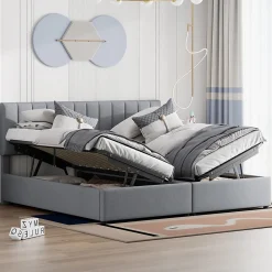 Lit rembourré 180 sur 200 cm coffre hydraulique tissu lin gris lit double multifonction adulte ou invité>Redom New