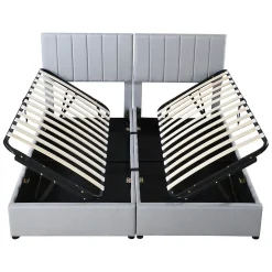 Lit rembourré 180 sur 200 cm coffre hydraulique tissu lin gris lit double multifonction adulte ou invité><noscript><img width=