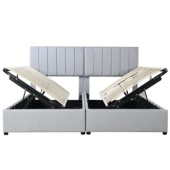 Lit rembourré 180 sur 200 cm coffre hydraulique tissu lin gris lit double multifonction adulte ou invité><noscript><img width=