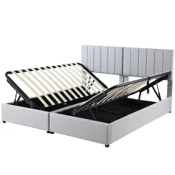 Lit rembourré 180 sur 200 cm coffre hydraulique tissu lin gris lit double multifonction adulte ou invité><noscript><img width=
