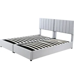 Lit rembourré 180 sur 200 cm coffre hydraulique tissu lin gris lit double multifonction adulte ou invité><noscript><img width=