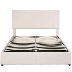 Lit rembourré 140 sur 200 cm coffre hydraulique tête de lit réglable sommier métal velours crème pour adultes ou invités><noscript><img width=