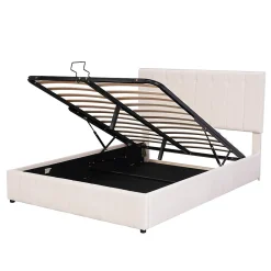 Lit rembourré 140 sur 200 cm coffre hydraulique tête de lit réglable sommier métal velours crème pour adultes ou invités><noscript><img width=