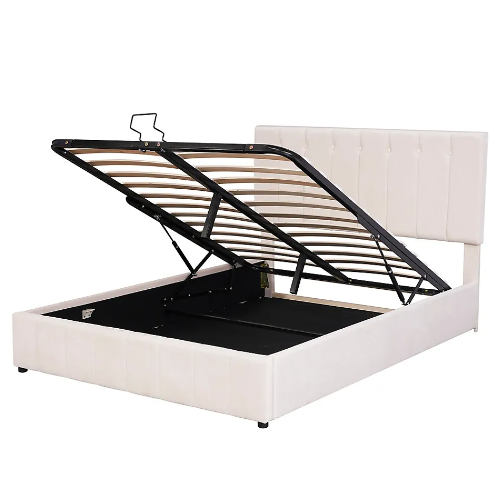 Lit rembourré 140 sur 200 cm coffre hydraulique tête de lit réglable sommier métal velours crème pour adultes ou invités>Redom Clearance