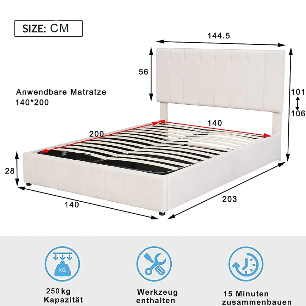 Lit rembourré 140 sur 200 cm coffre hydraulique tête de lit réglable sommier métal velours crème pour adultes ou invités>Redom Clearance