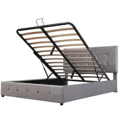 Lit rembourré 140 sur 200 cm coffre hydraulique tête réglable sommier métal velours gris><noscript><img width=