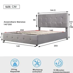 Lit rembourré 140 sur 200 cm coffre hydraulique tête réglable sommier métal velours gris><noscript><img width=