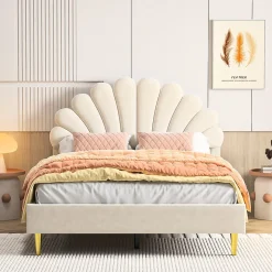 Fortuna lai Lit Rembourré 140 X 200 Cm, Lit Double Avec Tête De Lit à Pétales Et Sommier à Lattes, Velours,beige* Lit Coffre