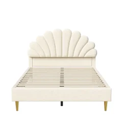 Fortuna lai Lit Rembourré 140 X 200 Cm, Lit Double Avec Tête De Lit à Pétales Et Sommier à Lattes, Velours,beige* Lit Coffre