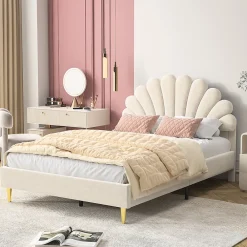 Fortuna lai Lit Rembourré 140 X 200 Cm, Lit Double Avec Tête De Lit à Pétales Et Sommier à Lattes, Velours,beige* Lit Coffre