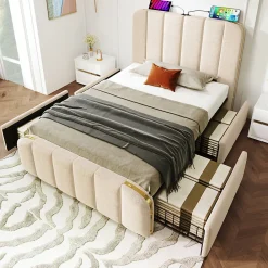 Lit rembourré 90 x 200 cm, lit simple avec 4 tiroirs, tête de lit avec fonction de recharge USB Type-C, lin, beige, sans matelas>Gutent Clearance