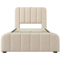 Lit rembourré 90 x 200 cm, lit simple avec 4 tiroirs, tête de lit avec fonction de recharge USB Type-C, lin, beige, sans matelas>Gutent Clearance