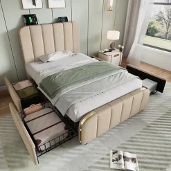 Lit rembourré 90 x 200 cm, lit simple avec 4 tiroirs, tête de lit avec fonction de recharge USB Type-C, lin, beige, sans matelas><noscript><img width=