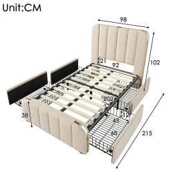 Lit rembourré 90 x 200 cm, lit simple avec 4 tiroirs, tête de lit avec fonction de recharge USB Type-C, lin, beige, sans matelas><noscript><img width=