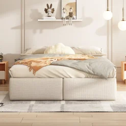 Generique Lit rembourré coffre 140x200 cm avec 2 tiroirs, lit adulte avec sommier à lattes, sans tête de lit, tissu en lin, beige* Lit Coffre